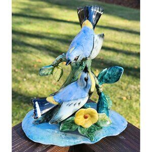 Stangl Pottery Bird 3756 Double Audubon Warblers on w Branch Yellow Flower Large